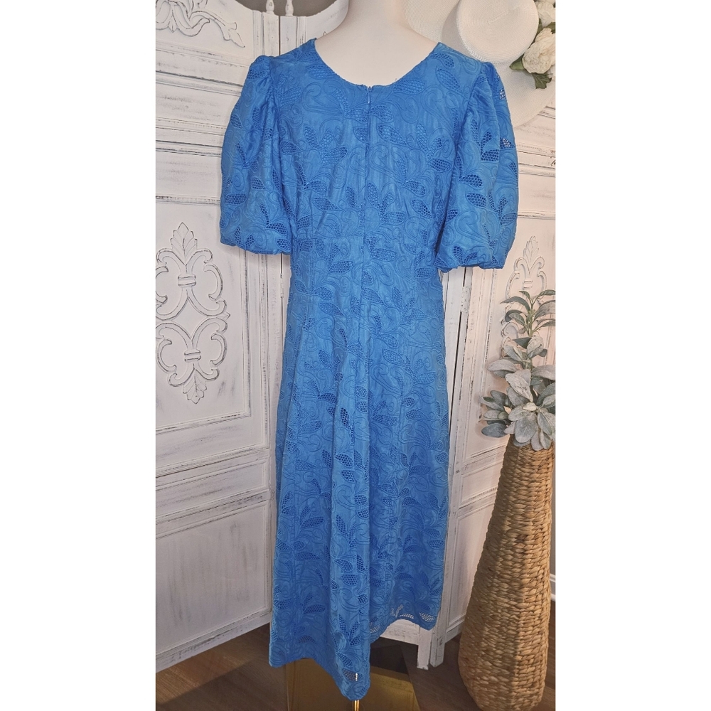 Hyacinth House Ice Blue Bubble-Sleeve Scoop Neck Eyelet Midi Dress - Picture 2 of 8